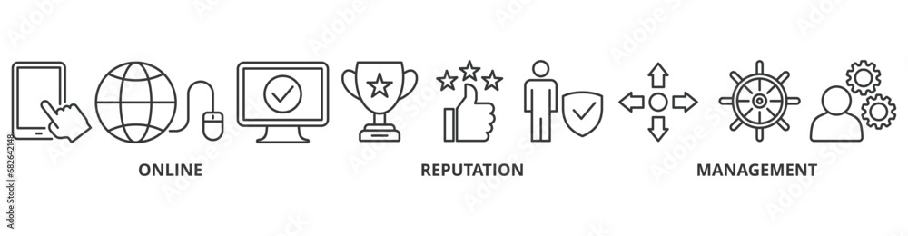 ORM banner web icon vector illustration concept for online reputation management with icon of internet, browser, winner, trust, favorite, and business ORM banner web icon vector illustration concept for online reputation management with icon of internet, browser, winner, trust, favorite, and business