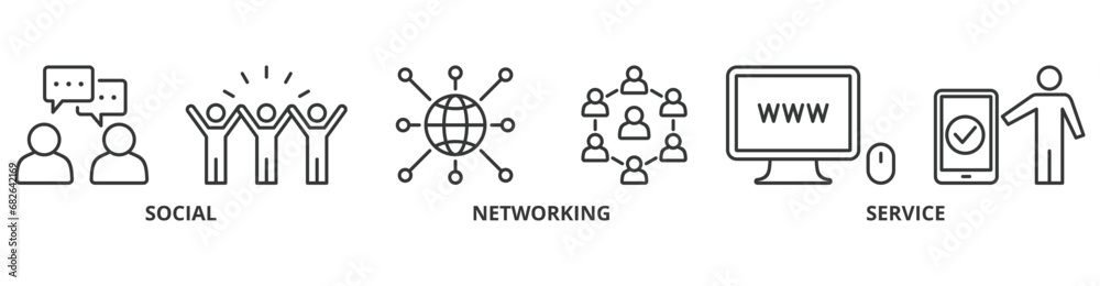 SNS banner web icon vector illustration concept of social networking service with icon of communication, chat, community, internet, and user SNS banner web icon vector illustration concept of social networking service with icon of communication, chat, community, internet, and user