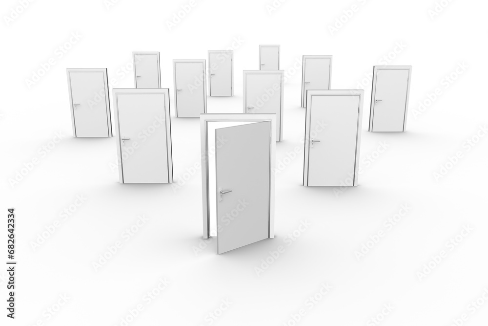 Obraz premium Digital png illustration of many white doors and one open on transparent background