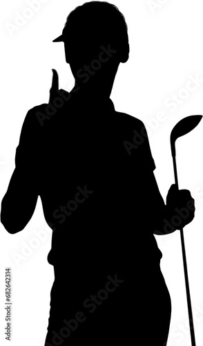 Digital png silhouette of female golf player raising finger on transparent background