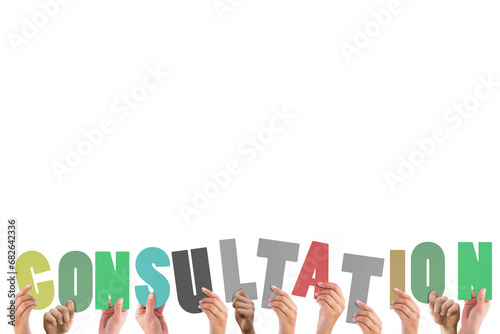 Digital png illustration of hands and consultation text on transparent background