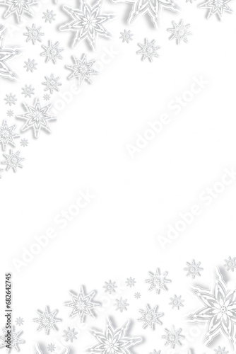 Digital png illustration of white shiny snowflakes with stars on transparent background, christmas