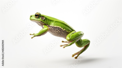 A Green frog jumping on white isolated background. photo