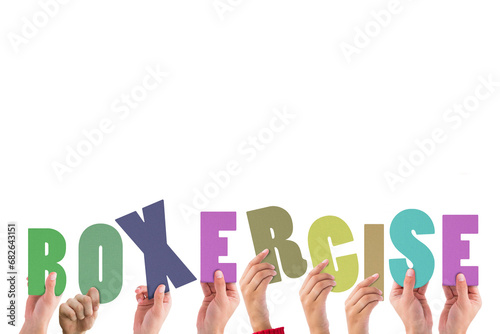 Digital png illustration of hands and boxercise text on transparent background photo
