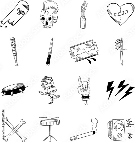 Rocknroll Icon Doodle Illustration Set