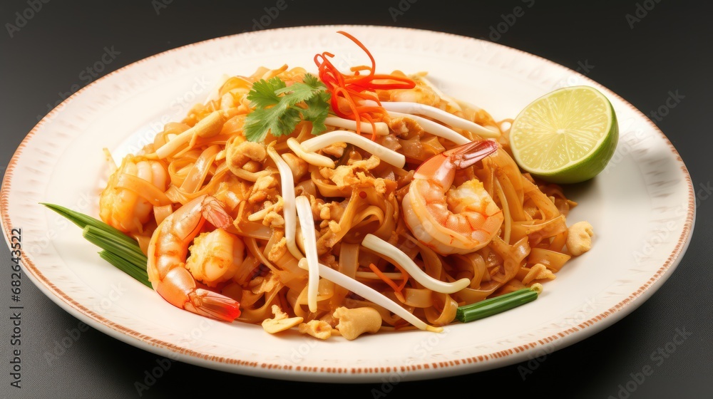 A Pad Thai wrapped in egg dramatic studio lighting and a shallow depth of field, placed on a white background surface, hot steam.