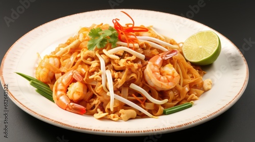 A Pad Thai wrapped in egg dramatic studio lighting and a shallow depth of field, placed on a white background surface, hot steam.
