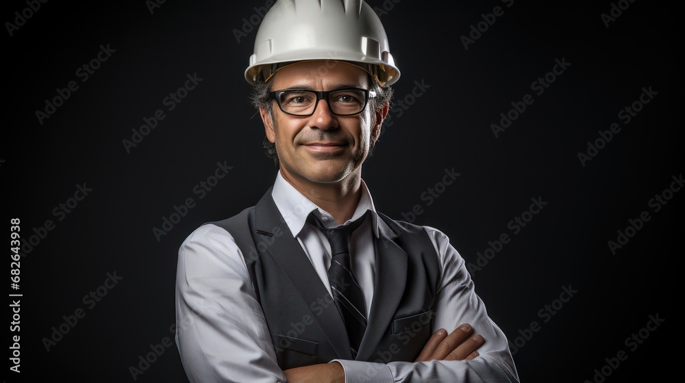A Expert engineering consultant with arms crossed looking at camera, side view, half body shot, black isolated background, PNG, A Expert engineering consultant with arms crossed looking at camera, side view, half body shot, black isolated background, PNG,