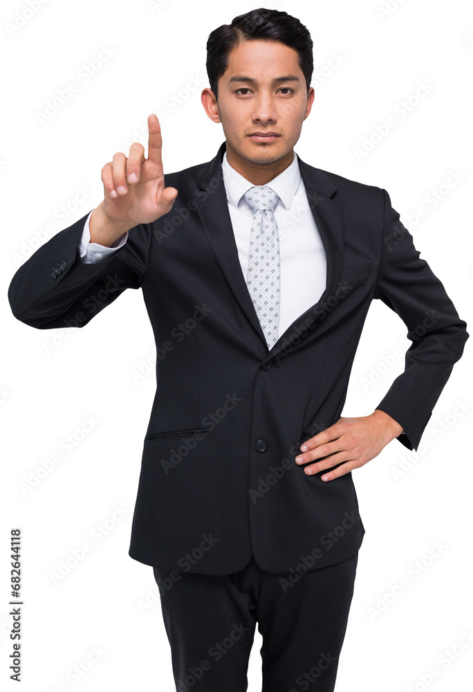 Digital png photo of focused asian businessman pointing with finger on transparent background Digital png photo of focused asian businessman pointing with finger on transparent background