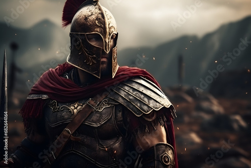 A Greek warrior looks into the distance.