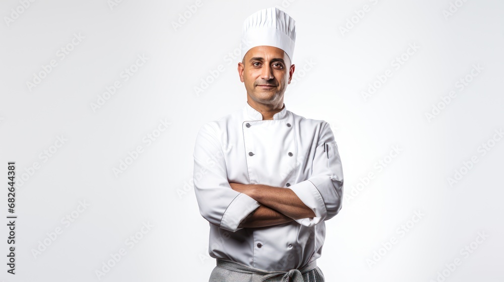 A Professional cook with arms folded looking at camera, side view, half body shot, isolated background