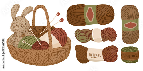 Basket with yarn, knitting needles and a knitted toy rabbit. A set of skeins of wool of different shapes. Concept Vector illustration for home craft stores and postcard design. World Knitting Day.