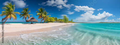 A calm beach landscape with horizon line, crystal clear water and bright blue sky with white clouds 