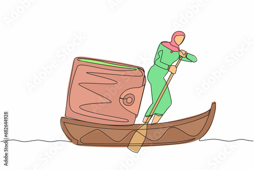 Continuous one line drawing Arab businesswoman standing in boat and sailing with purse. Money management for personal use. Financial planning at company. Single line design vector graphic illustration