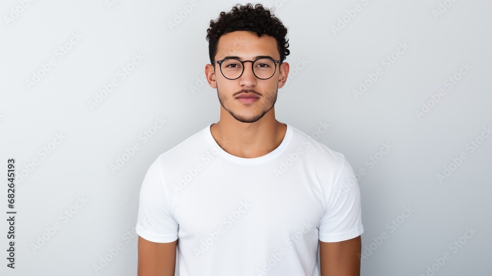 Attractive young Mexican man wearing a white t-shirt and glasses. Isolated on white background. Attractive young Mexican man wearing a white t-shirt and glasses. Isolated on white background.