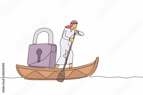 Single continuous line drawing Arabian businessman sailing away on boat with padlock. Security and shipping protection. Delivery business through the ocean. One line graphic design vector illustration