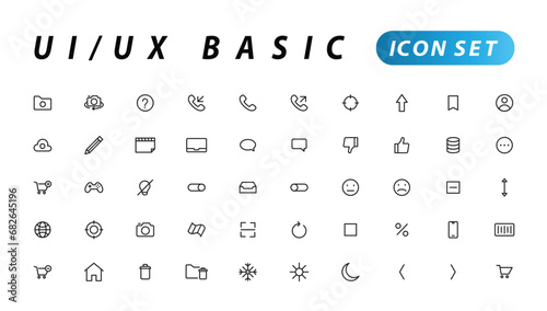 Basic User Interface Essential Set. ui/ux Line Outline Icons. For App, Web, Print. Editable Stroke.