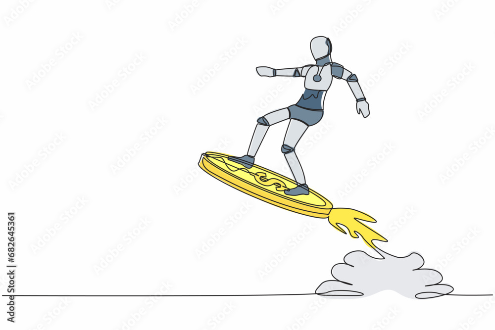 Single one line drawing robot riding dollar coin rocket flying in the sky. Tech business opportunity. Modern robotic artificial intelligence technology. Continuous line draw design vector illustration