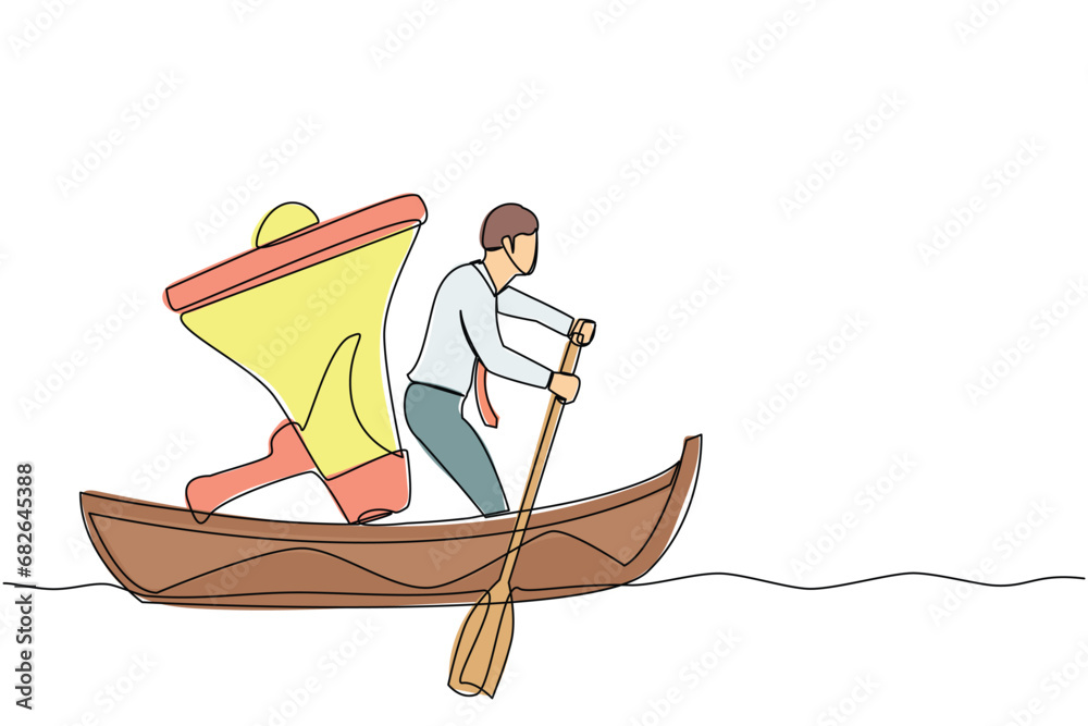 Single one line drawing Arabian businessman sailing away on boat with megaphone. Command leader, control through megaphone, leadership and teamwork. Continuous line design graphic vector illustration
