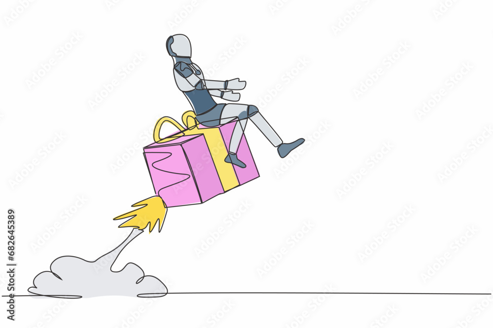 Single continuous line drawing robot riding gift box rocket flying in sky. Fast shipping or delivery. Future technology development. Artificial intelligence. One line draw design vector illustration Single continuous line drawing robot riding gift box rocket flying in sky. Fast shipping or delivery. Future technology development. Artificial intelligence. One line draw design vector illustration