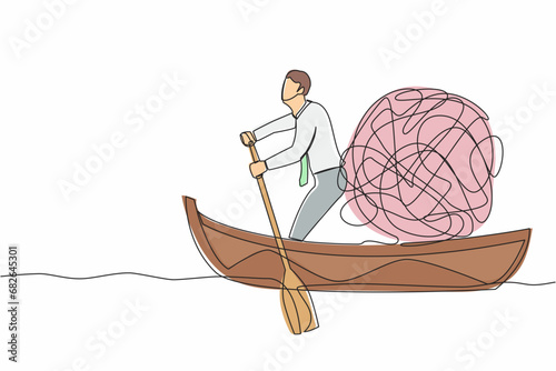 Single continuous line drawing businessman standing in boat and sailing with messy line. Escape from anxiety mind due to being fired from work. Dynamic one line draw graphic design vector illustration
