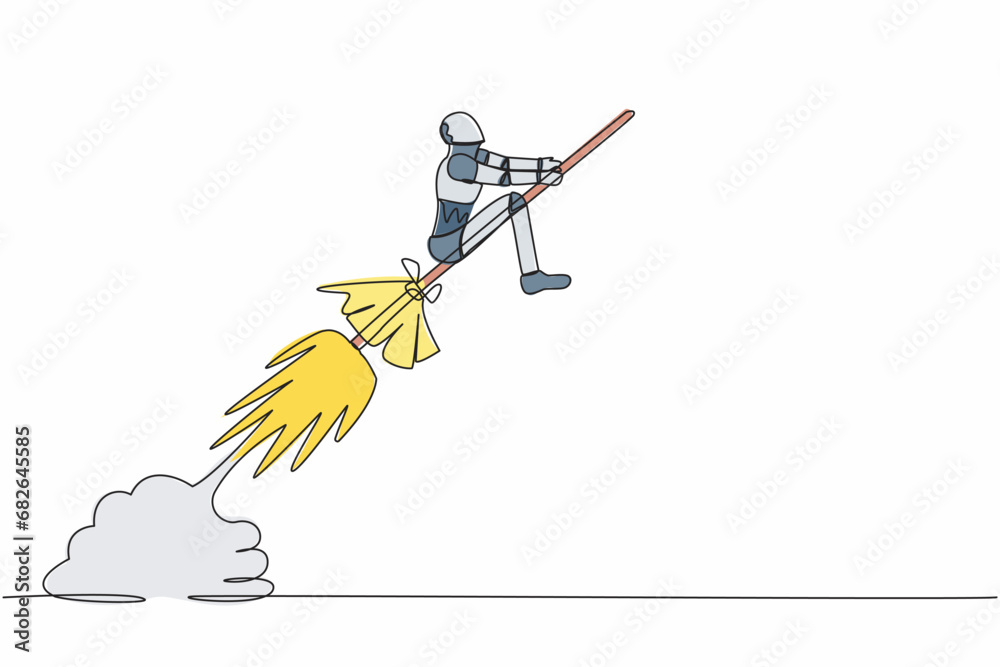 Fototapeta premium Continuous one line drawing robot riding broom rocket flying in the sky. Tech company launch. Humanoid robot cybernetic organism. Future robot development. Single line draw design vector illustration