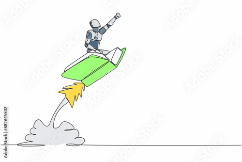 Single one line drawing robot riding book rocket flying in the sky. Increase tech ability learning. Modern robotic artificial intelligence technology. Continuous line draw design vector illustration