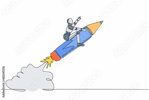 Single continuous line drawing robot riding pencil rocket flying in the sky. Tech education and creativity. Future technology development. Artificial intelligence. One line design vector illustration
