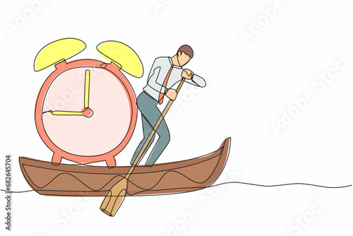 Single continuous line drawing of businessman standing in boat and sailing with alarm clock. Manager escape from project deadline. Time management problem. One line graphic design vector illustration