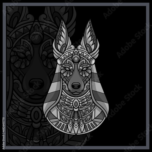 Monochrome Anubis head mandala arts isolated on black background