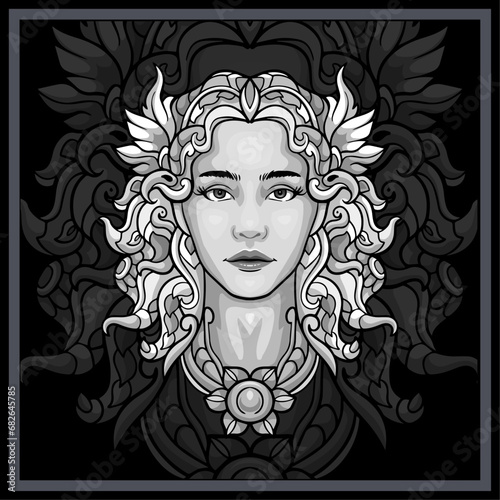 Monochrome Aphrodite head mandala arts isolated on black background