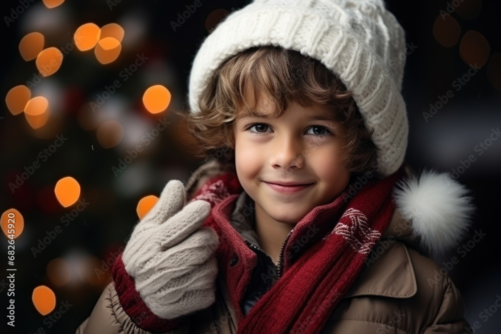 A boy in a down jacket, hat and mittens drinks tea from a mug with A boy in a down jacket, hat and mittens drinks tea from a mug with