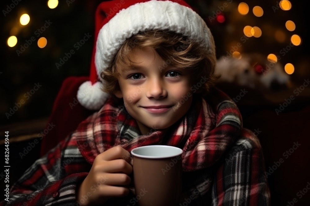 A boy in a down jacket, hat and mittens drinks tea from a mug with A boy in a down jacket, hat and mittens drinks tea from a mug with