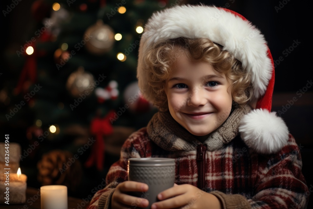 A boy in a down jacket, hat and mittens drinks tea from a mug with