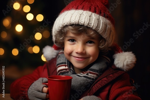 A boy in a down jacket  hat and mittens drinks tea from a mug with