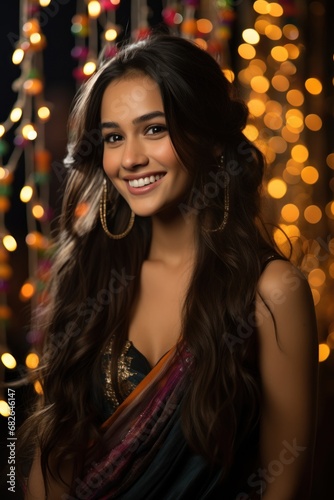 A young Indian model with long black braided hair, wearing a vibrant sari, warmly