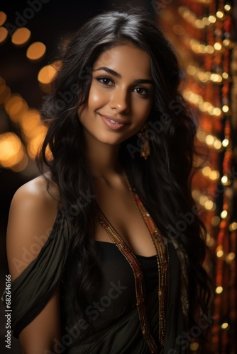 A young Indian model with long black braided hair, wearing a vibrant sari, warmly © sirisakboakaew