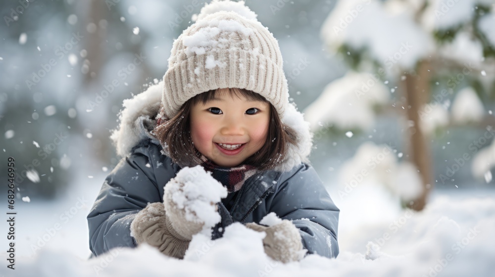Young Asian girl wearing a hat and coat is kneeling and playing in the snow. Young Asian girl wearing a hat and coat is kneeling and playing in the snow.