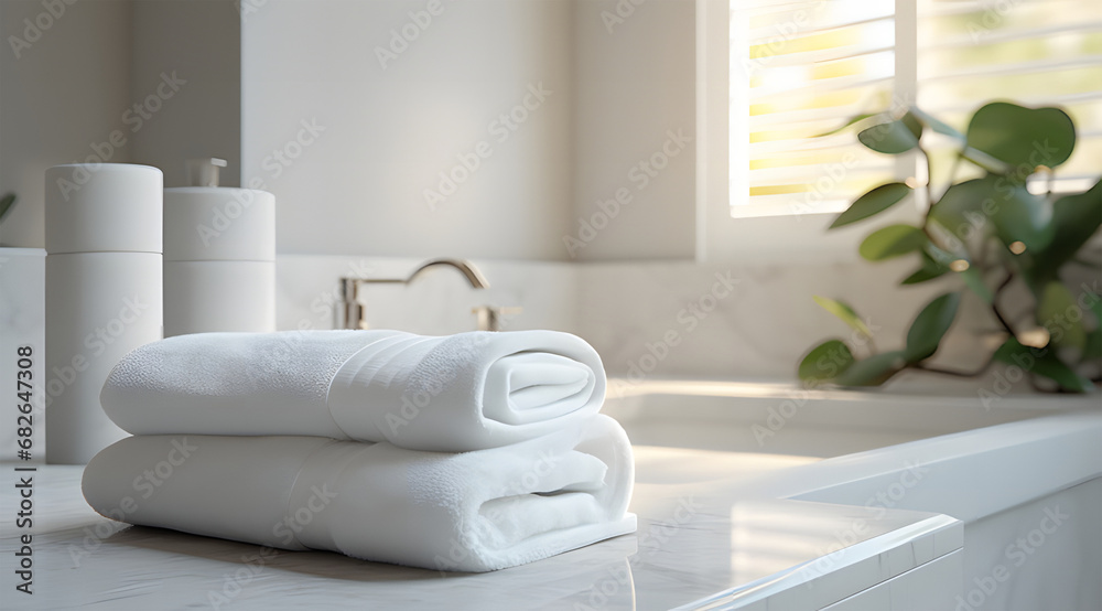 white towels on marble counter in bathroom ai generative white towels on marble counter in bathroom ai generative