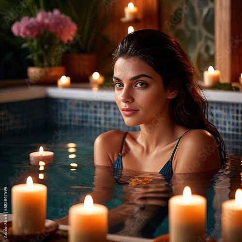 Woman in swimsuit relaxing in spa resort pool with candles and flowers, enjoying me time