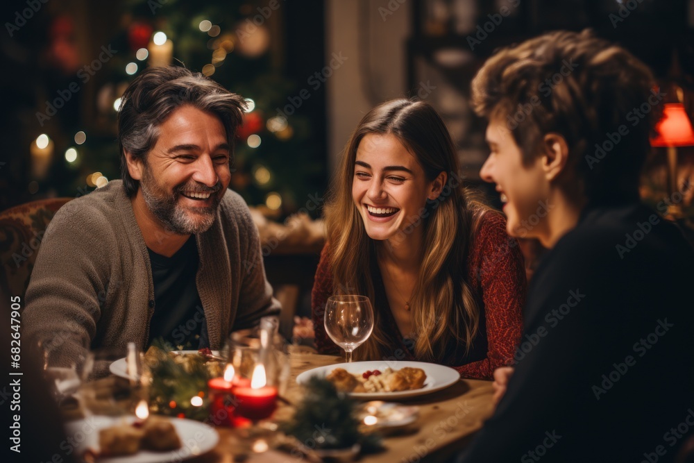 Happy diverse family meeting each other at cozy home for celebrating Christmas or New Year.