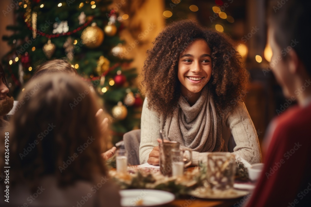 Happy diverse family meeting each other at cozy home for celebrating Christmas or New Year.