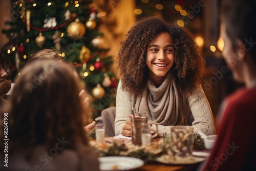 Happy diverse family meeting each other at cozy home for celebrating Christmas or New Year.