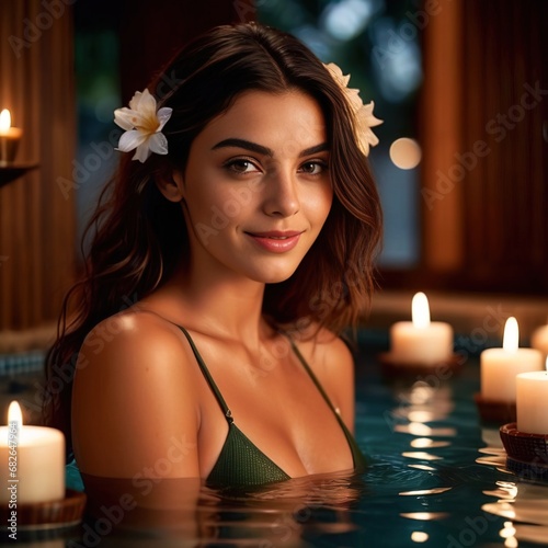 Woman in swimsuit relaxing in spa resort pool with candles and flowers, enjoying me time