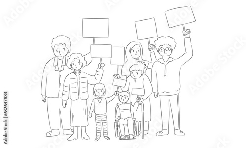 Hand drawn sketch of campaigner diverse people with hand holding a blank sign in vector Ink outline Stroke.