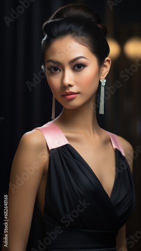 Portrait of beautiful Japanese women with slicked back hair, wearing blush pink strapless evening dress