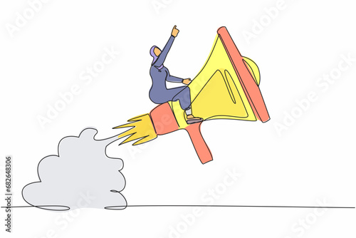 Single continuous line drawing Arab businesswoman riding megaphone rocket flying in the sky. Storytelling with precise message. Soft skill to communicate. One line graphic design vector illustration