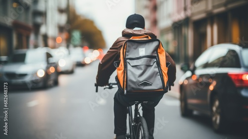 Young bearded courier delivering food with a yellow thermal backpack, riding a bicycle in the city. Food delivery service concept