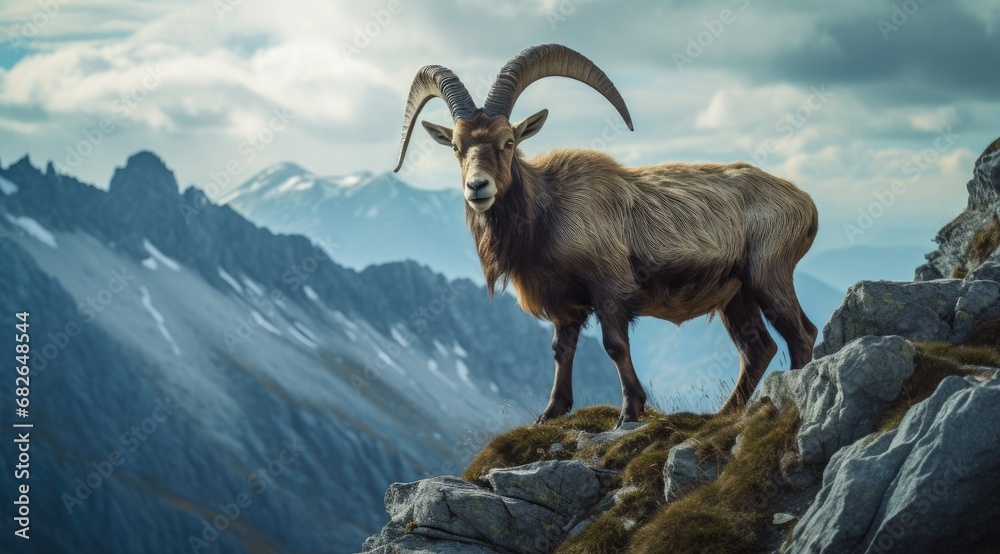 Fototapeta premium Ibex in its natural habitat, wildlife photography. Generative AI