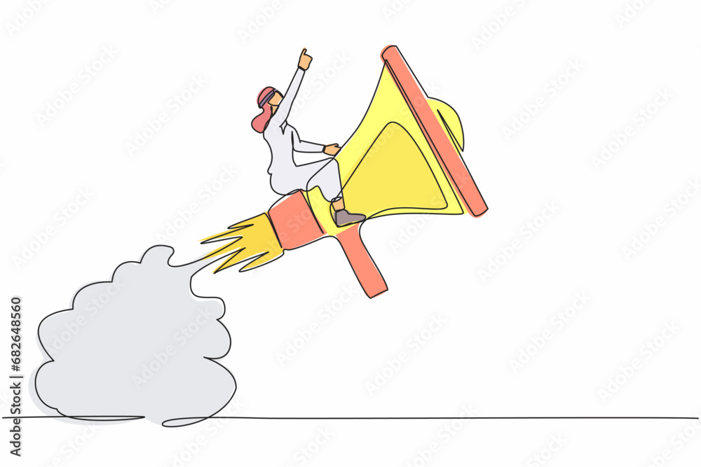 Single one line drawing Arabian businessman riding megaphone rocket flying in sky. Fast communication, business soft skill to communicate with customer. Continuous line draw design vector illustration Single one line drawing Arabian businessman riding megaphone rocket flying in sky. Fast communication, business soft skill to communicate with customer. Continuous line draw design vector illustration